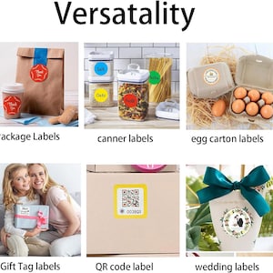 May include: A collection of adhesive labels shown in various applications including red circular Thank You stickers on a paper bag and cup, colorful pantry labels on food containers, egg carton labels, gift tags, a yellow QR code label, and wedding labels.