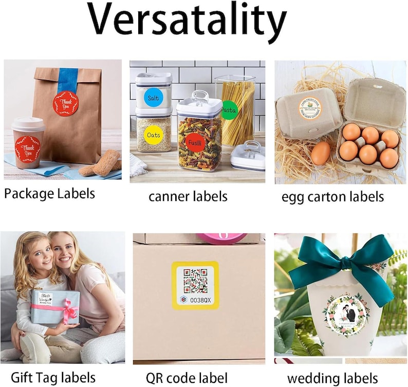 May include: A collection of adhesive labels shown in various applications including red circular Thank You stickers on a paper bag and cup, colorful pantry labels on food containers, egg carton labels, gift tags, a yellow QR code label, and wedding labels.