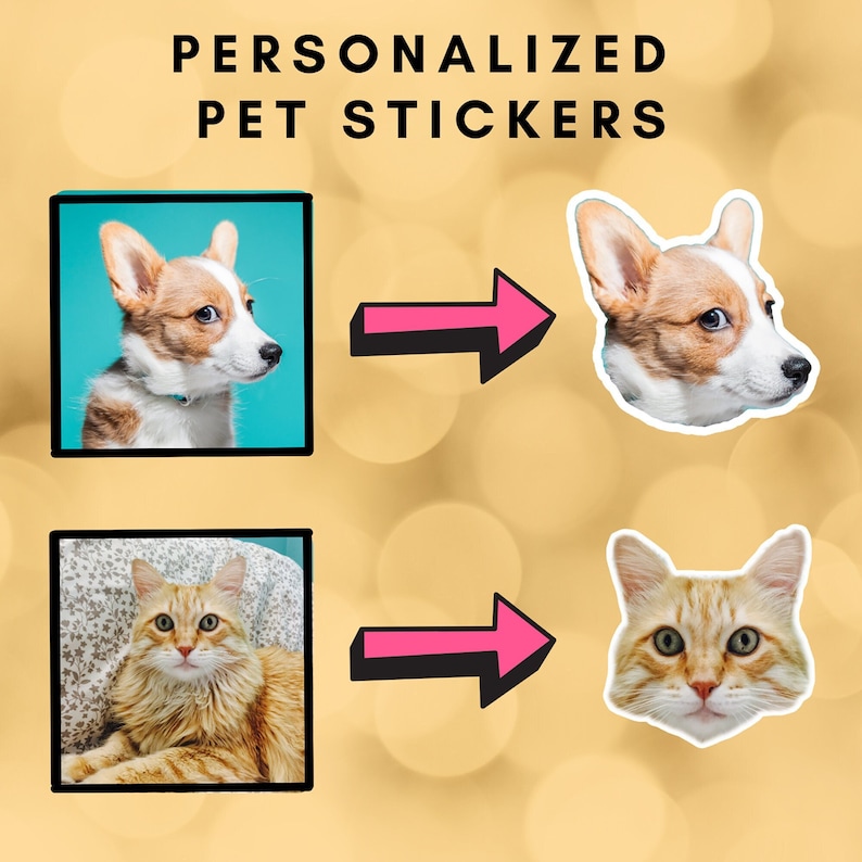 May include: Personalized pet stickers featuring two examples of square photographs of a dog and a cat transformed into die-cut stickers. Each row shows a square pet photo with a pink arrow pointing to a custom sticker of the animal's head.