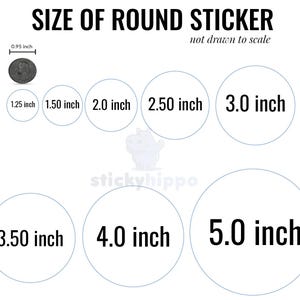 May include: A size chart for round stickers featuring the text SIZE OF ROUND STICKER and not drawn to scale. It displays a 0.95 inch coin icon and eight circular outlines labeled 1.25 inch, 1.50 inch, 2.0 inch, 2.50 inch, 3.0 inch, 3.50 inch, 4.0 inch, and 5.0 inch.