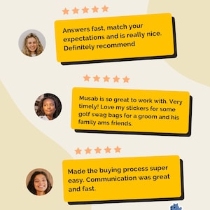 May include: Three yellow rectangular customer review boxes with five-star ratings and circular profile photos. The text reads: Answers fast, match your expectations and is really nice. Definitely recommend. Musab is so great to work with. Very timely! Love my stickers for some golf swag bags for a groom and his family ams friends. Made the buying process super easy. Communication was great and fast. The logo stickyhippo is at the bottom.