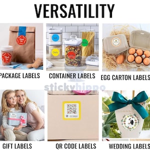 May include: A collage of adhesive labels labeled VERSATILITY, PACKAGE LABELS, CONTAINER LABELS, EGG CARTON LABELS, GIFT LABELS, QR CODE LABELS, and WEDDING LABELS. The images show circular and square stickers applied to paper bags, food containers, egg cartons, gift boxes, cardboard, and wedding favors.