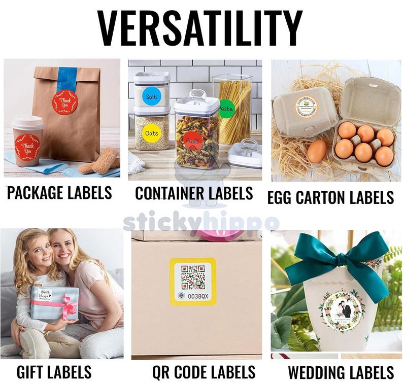 May include: A collage of adhesive labels labeled VERSATILITY, PACKAGE LABELS, CONTAINER LABELS, EGG CARTON LABELS, GIFT LABELS, QR CODE LABELS, and WEDDING LABELS. The images show circular and square stickers applied to paper bags, food containers, egg cartons, gift boxes, cardboard, and wedding favors.