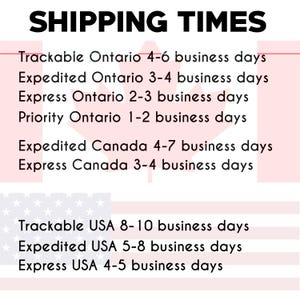 May include: A white informational graphic with the black text SHIPPING TIMES. It lists delivery estimates for Ontario, Canada, and the USA, including Trackable, Expedited, Express, and Priority options with their respective business day ranges.