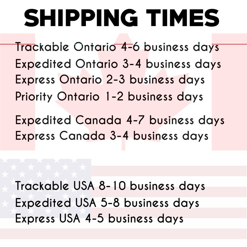 May include: A white informational graphic with the black text SHIPPING TIMES. It lists delivery estimates for Ontario, Canada, and the USA, including Trackable, Expedited, Express, and Priority options with their respective business day ranges.