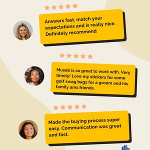 May include: Three yellow rectangular customer review boxes with five-star ratings and circular profile photos. The text reads: Answers fast, match your expectations and is really nice. Definitely recommend. Musab is so great to work with. Very timely! Love my stickers for some golf swag bags for a groom and his family ams friends. Made the buying process super easy. Communication was great and fast. The logo stickyhippo is at the bottom.