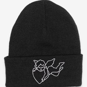 Cherub Embroidered Black Beanie Hat