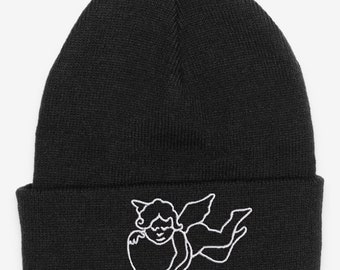 Cherub Embroidered Black Beanie Hat