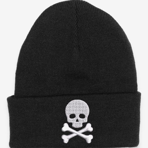 Skull and Crossbones Symbol Embroidered Black Beanie Hat