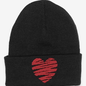 Scribbled Heart Embroidered Black Beanie Hat
