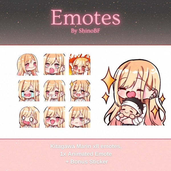 Kitagawa Marin Emote Pack for Twitch and Discord - x8 emotes, 1x animated emote + Bonus Sticker