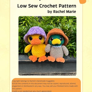 May include: Two crocheted duck plushies with large black eyes and hats. One duck is yellow with a purple hat and orange feet, while the other is grey and green with an orange hat and orange feet. The text reads Ducky Low Sew Crochet Pattern.