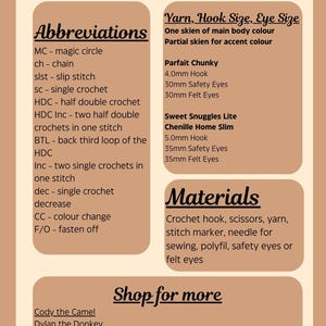 Materials and abbreviations sheet for the Hollie the Horse Crochet Pattern, listing yarn types, hook sizes, safety eyes, and optional supplies. Includes links to more digital crochet patterns by Rachel’s Handmade Huggables.