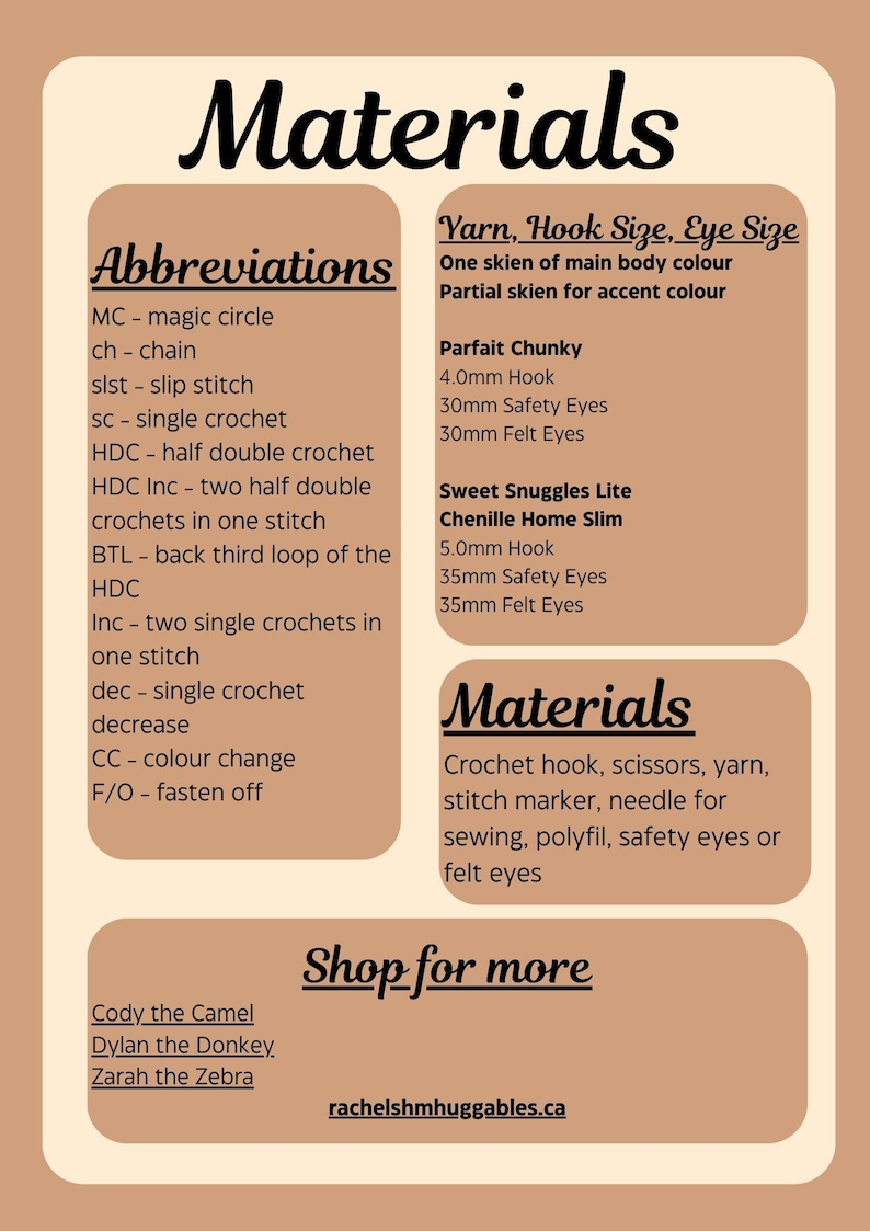 Materials and abbreviations sheet for the Hollie the Horse Crochet Pattern, listing yarn types, hook sizes, safety eyes, and optional supplies. Includes links to more digital crochet patterns by Rachel’s Handmade Huggables.