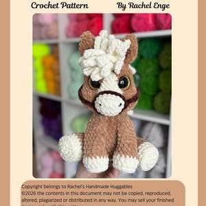 Cover page of the Hollie the Horse Crochet Pattern PDF featuring a photo of the plushie horse with text indicating it’s a digital crochet pattern by Rachel Enge. Background includes bright yarn shelves.