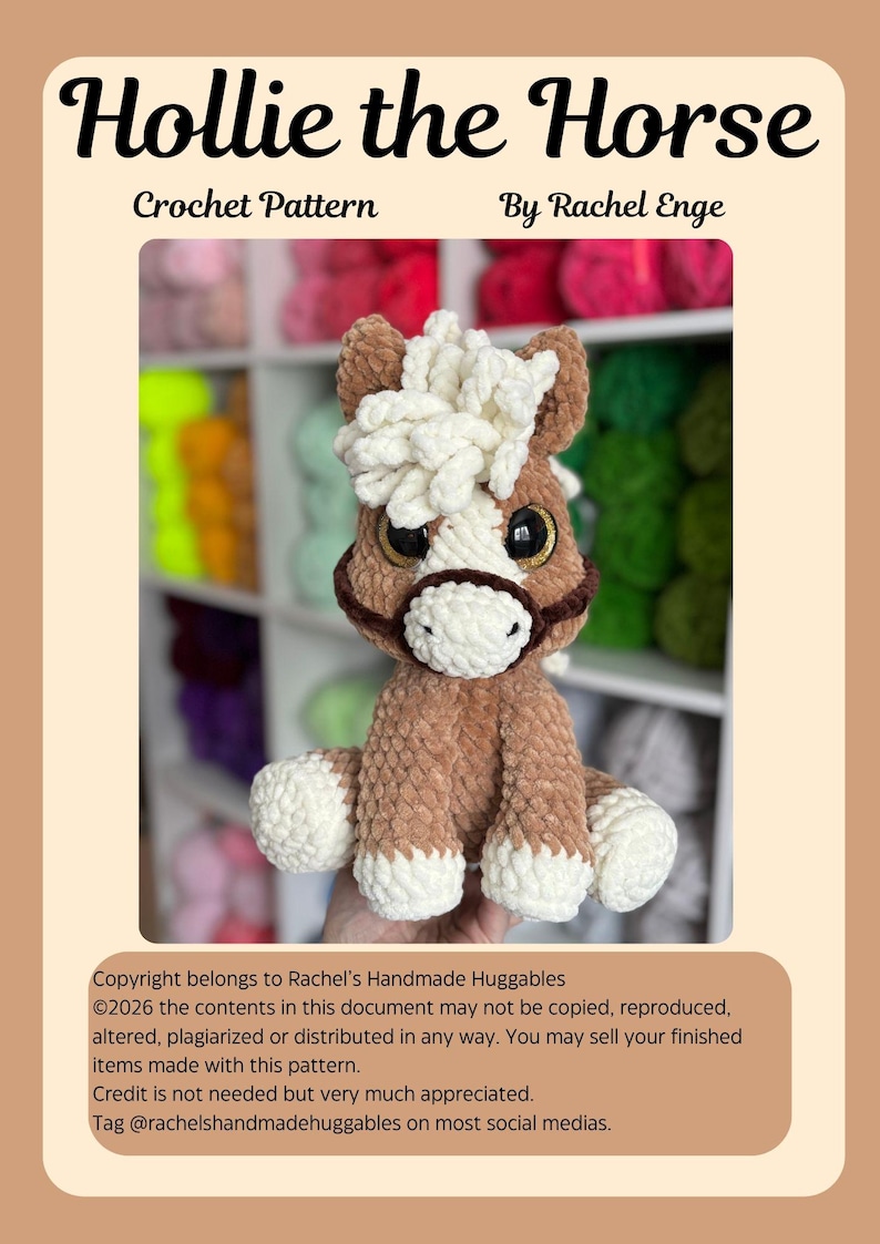 Cover page of the Hollie the Horse Crochet Pattern PDF featuring a photo of the plushie horse with text indicating it’s a digital crochet pattern by Rachel Enge. Background includes bright yarn shelves.
