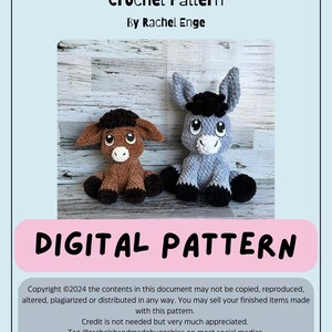 Cover of Dylan the Donkey crochet pattern featuring two finished plush donkeys, one brown and one gray.