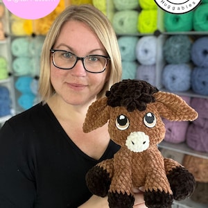 May include: A woman holds a crocheted brown donkey plush toy. The toy has large brown eyes and a white nose. The woman is wearing a black shirt and glasses. The background is a wall of colorful yarn balls. The text "Dylan the Donkey Digital Pattern" is in a pink circle in the top left corner. The text "Rachel's Handmade Huggables" is in a black circle with a white star in the top right corner.