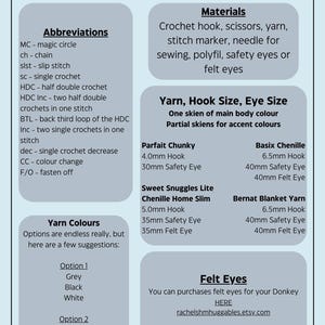 Materials and instructions page from Dylan the Donkey crochet pattern, listing yarn types, hook sizes, and felt eye options.