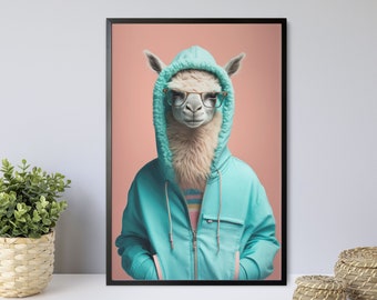 Llama dressed in a fashionable hoodie, Llama Art, Llama, Cool Animal, Wall Art, Animal Portrait, Modern Fashion, Fashionable Animal