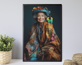 Elegant Woman Portrait Print, Birds, Colorful Wall Art