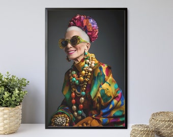 Elegant Woman Portrait Print, Colorful Fashion Poster, Stylish Wall Art