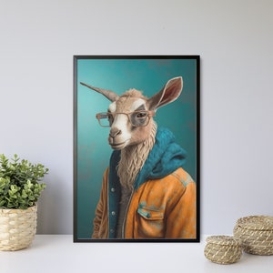 Fashionable goat wearing a jacket, Goat Art, Goat Portrait, Goat, Cool Animal, Wall Art, Animal Portrait, Modern Fashion, Fashionable Animal