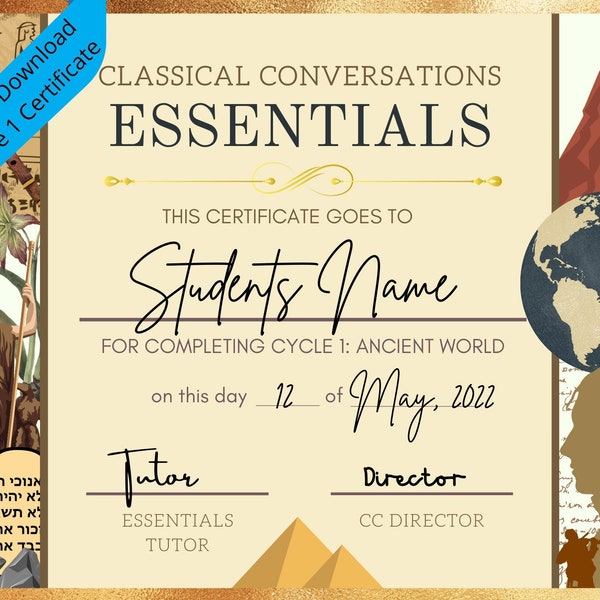 Classical Conversations Essentials Cycle 1 Certificate of Completion | CC Certificate Essentials | End of Year Certificate CC