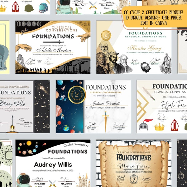 Classical Conversations FOUNDATIONS Certificates BUNDLE, CC Cycle 2, End of Year, Edit Templates in Canva for free! 10 classic designs.