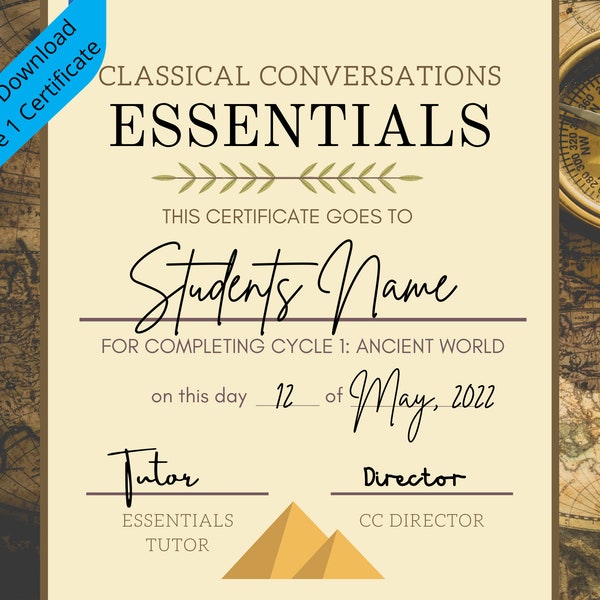 Classical Conversations Essentials Cycle 1 Certificate of Completion | CC Certificate Essentials | End of Year Certificate CC
