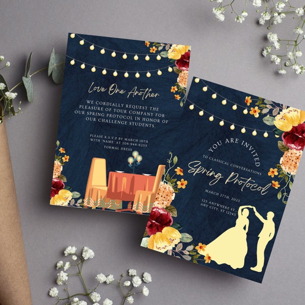 Classical Conversations Spring Protocol Invitation, 5 x 7 double sided card, CC Protocol Invite, Easy to Edit in Canva, Dinner & Dancing