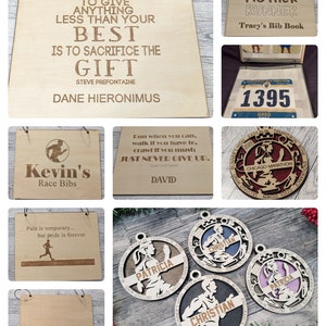 May include: A collection of wooden plaques with inspirational quotes about running. The plaques feature various designs, including a runner silhouette, a quote by Steve Prefontaine, and the words "One Bad Mother Runner".