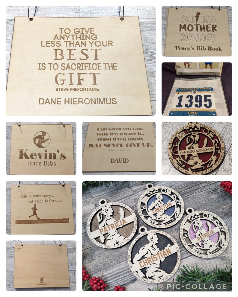 May include: A collection of wooden plaques with inspirational quotes about running. The plaques feature various designs, including a runner silhouette, a quote by Steve Prefontaine, and the words "One Bad Mother Runner".