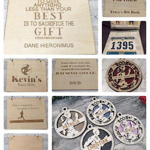 Pu&ograve; includere: Una collezione di cartelli in legno con citazioni ispiratrici sulla corsa. I cartelli presentano una silhouette di un corridore, il testo "Dare meno del tuo meglio &egrave; sacrificare il dono", "Una cattiva madre runner", "Kevin's Race Bibs", "Il dolore &egrave; temporaneo... ma l'orgoglio &egrave; per sempre", e "Corri quando puoi, cammina se devi, striscia se devi: Non arrenderti mai."