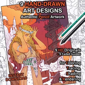 May include: An image featuring a collection of hand-drawn art designs, with the text "9 HAND-DRAWN ART DESIGNS Authentic Pencil Artwork". The image includes a color illustration of a woman and several black and white drawings. Two pencils are also visible.