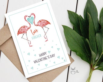 Valentines Day FLAMINGO Printable Card, Love Forever Gift Card, Greeting Card, Modern Gift Card, Digital Card, Instant Download, Gift Card