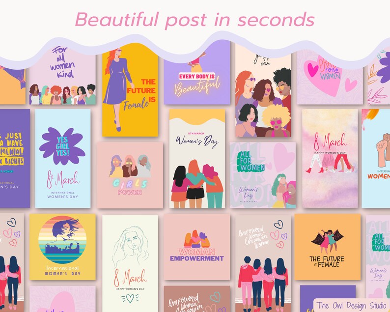 May include: A collection of colourful digital illustrations celebrating International Women's Day. The illustrations feature women of different ages and ethnicities, with empowering messages such as "Yes Girl Yes!" and "The Future is Female".