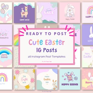 Può includere: Un set di 28 modelli di post per Instagram con adorabili illustrazioni pasquali. I modelli includono coniglietti, arcobaleni, uova e il testo "Buona Pasqua".