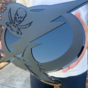 May include: A black and gray decorative emblem featuring a skull with crossed swords, a lightning bolt, and a circular design. The emblem is held up by a person.