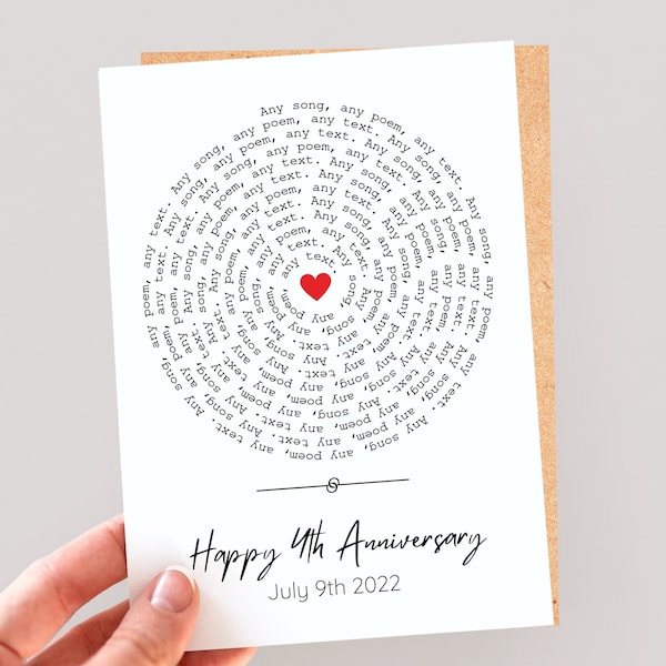 Anniversary Card, Personalised Song Lyrics Card, Wedding Anniversary card for her, Paper Anniversary card for him, Any Anniversary Year