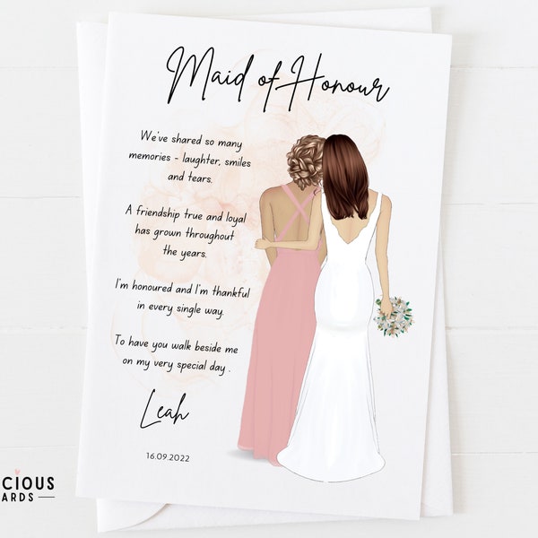 Maid of Honour Card | Personalised Wedding Day Card for Maid of Honour | Thank You Poem Card for MOH | Bridal Wedding Cards