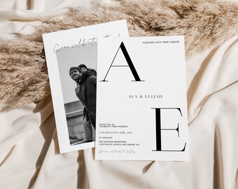 May include: A black and white wedding invitation with the couple's names, Ava & Elijah, and the date of their wedding, Saturday 2nd April 2021. The invitation also includes the location of the wedding, The Langham Melbourne, 1 Southgate Avenue, Southbank VIC.