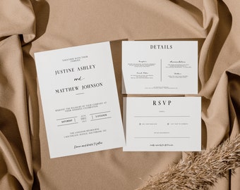 Minimal Wedding Invitation Template Set, Modern Wedding Invitation Design, Black and White Elegant Wedding Invitation Template Suite - YVR