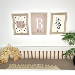 Set of 3 brown, neutral teddy bear nursery wall art. A4 personalised name baby nursery prints. Polka wall hangings. Bear, leaf decoration
