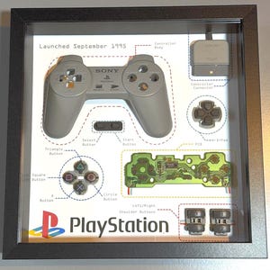 May include: A black shadow box frame containing a disassembled grey Sony PlayStation controller. The display features the controller body, D-pad, PCB, connector, and buttons labelled with text including Launched September 1995 and PlayStation.