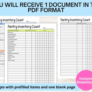 May include: Printable pantry inventory count sheet with four pages. The first page has a list of snacks and cereals, the second page has a list of dried herbs and spices, the third page is blank, and the fourth page has a list of canned goods. The sheet is designed to help you keep track of your pantry inventory and prevent food waste.