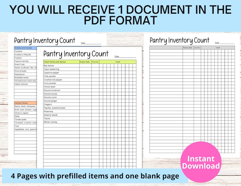 May include: Printable pantry inventory count sheet with four pages. The first page has a list of snacks and cereals, the second page has a list of dried herbs and spices, the third page is blank, and the fourth page has a list of canned goods. The sheet is designed to help you keep track of your pantry inventory and prevent food waste.