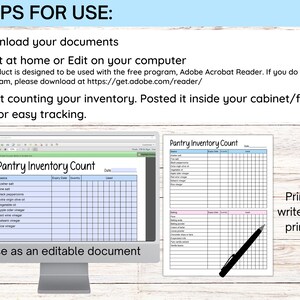 May include: A printable pantry inventory list with two pages. The first page is a list of common pantry staples, with columns for expiry date, quantity, and used. The second page is a list of baking ingredients, with columns for expiry date, quantity, and used. The text "Pantry Inventory Count" is at the top of each page. The text "Use as an editable document" is below the first page. The text "Print and write on the printable" is to the right of the second page.