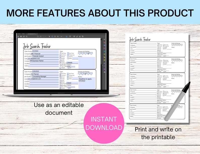 May include: A digital mockup of a printable job search tracker. The tracker has sections for job title, company, location, salary, application status, and deadline to apply. The tracker is shown on a laptop screen and a printed version is shown next to it.