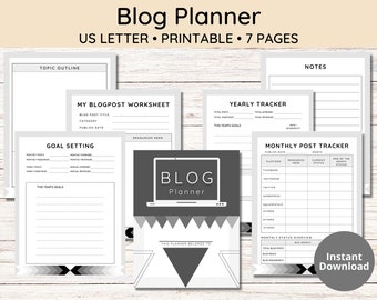 Blog Planner Templates for Content Creators, 7 pages letter size Grayscale Printable Planner